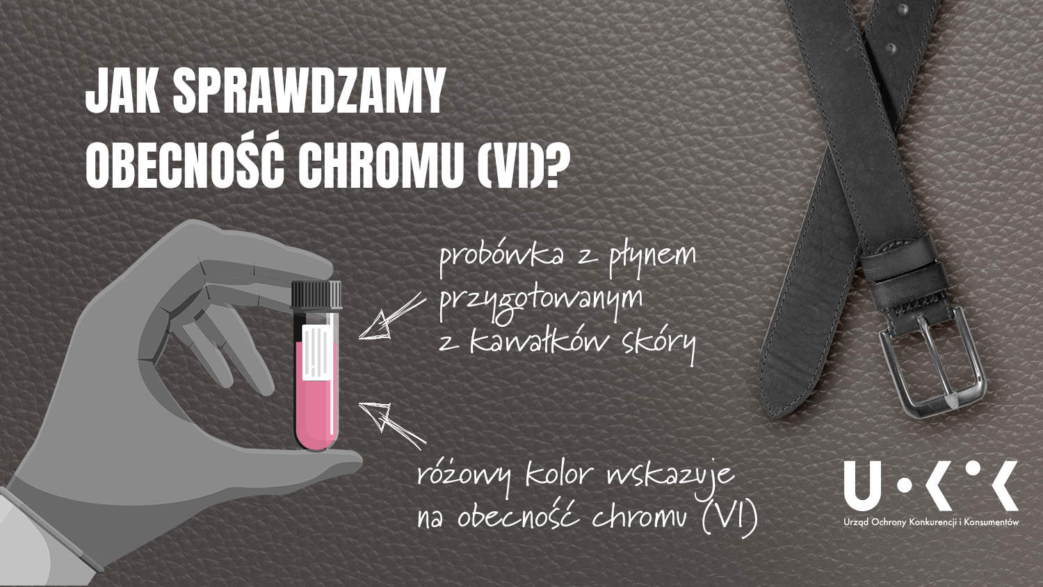 Tło grafiki to ciemno brązowa strukturalna skóra licowa, w lewej górnej części grafiki umieszczono treść Jak sprawdzamy obecność chromu (VI)?, poniżej umieszczono grafikę przedstawiającą dłoń trzymającą w ręce probówkę z różowym płynem, a obok treść próbówka z płynem przygotowanym z kawałków skóry, różowy kolor wskazuje na obecność chromu (VI). W prawej części grafiki znajduje się zdjęcie dużej czarnego skórzanego paska z metalową klamrą, a poniżej logo UOKiK Urząd Ochrony Konkurencji i Konsumentów. 